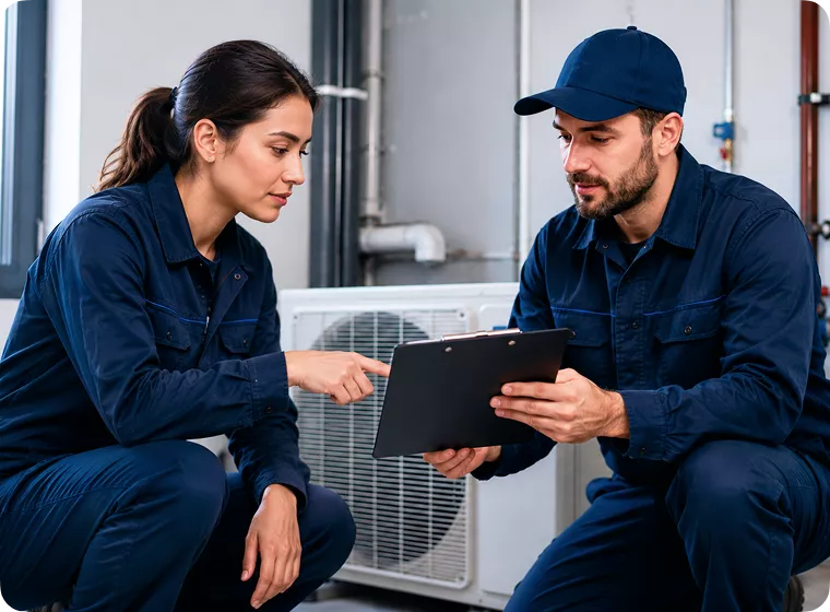 Two technicians in blue uniforms discuss a clipboard's contents in an industrial setting, with HVAC equipment in the background, conveying teamwork.