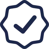 A dark blue checkmark inside a scalloped circle on a black background, conveying a sense of verification and approval.