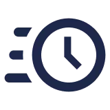 Icon of a clock with blue minute and hour hands on a dark background, indicating speed or quick passage of time with motion lines beside it.