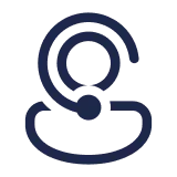 A simple, minimalist icon of a person with a headset, outlined in blue on a black background, conveying a customer service or tech support theme.