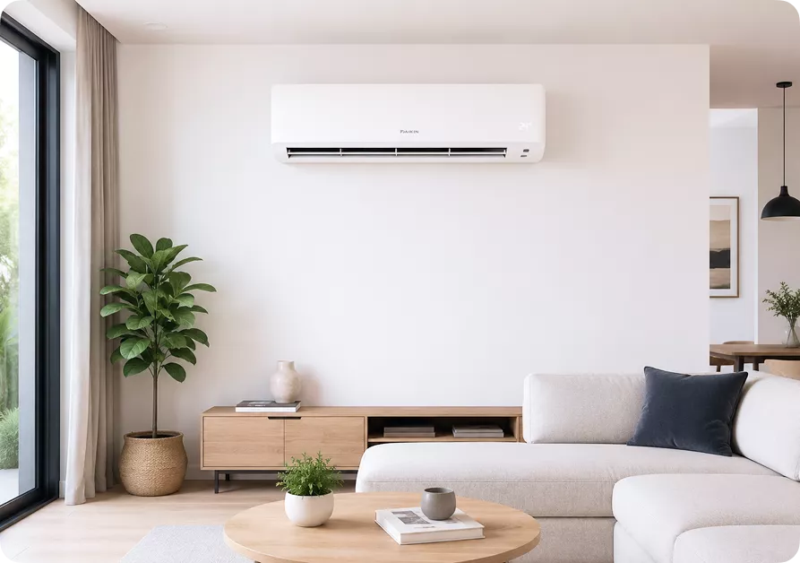White wall-mounted mini-split air conditioning unit installed above a wooden media console in a bright, modern living room with a beige sectional sofa, potted plants, and a round coffee table.